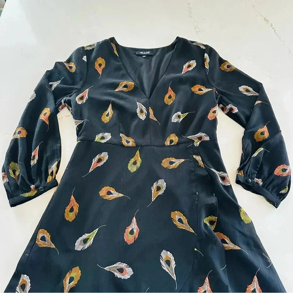 Madewell Black Poppy Wrap Long Sleeve Peacock Mini Dress - Picture 8 of 11